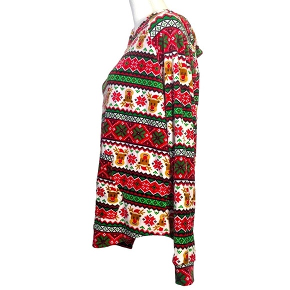 Ugly Christmas Sweater Hoodie Fair Isle Print Velvety Velour Front Pocket OS - Picture 2 of 14